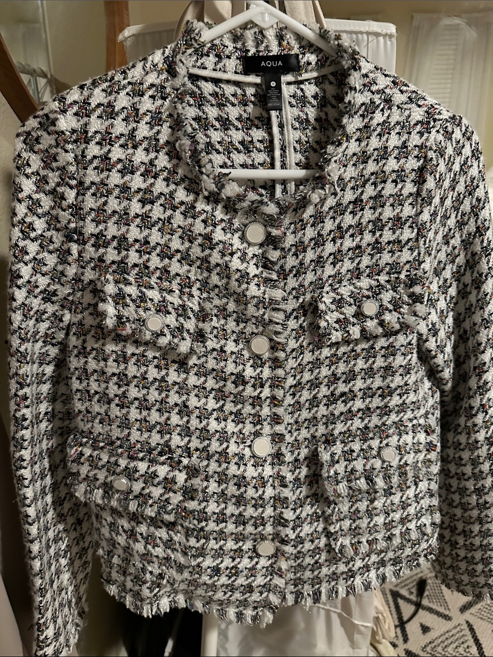 Higher end designer Aqua White Tweed Fringe Pocket Jacket w/ Multi-Color Accents